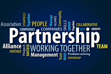 Graphic Designed image of words: Partnership. Working together. Alliance. Team.
